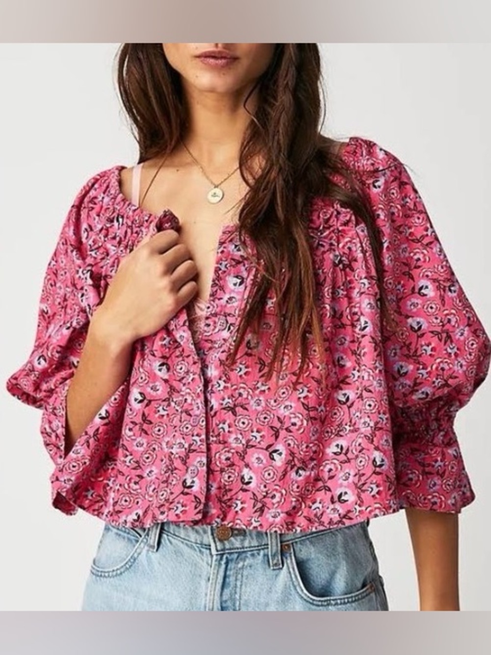 XS Free People Pink Floral Peasant Blouse - James smocked Top
